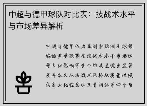 中超与德甲球队对比表：技战术水平与市场差异解析